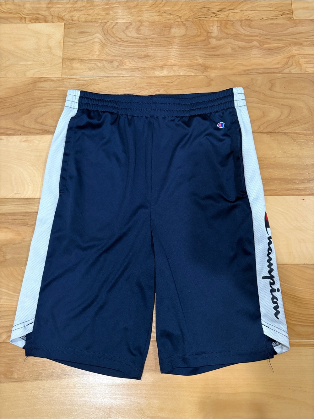 Champion Navy Blue Athletic Shorts with White Side Panels